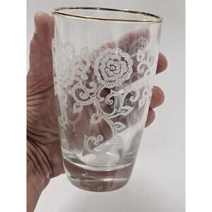 Set of 4 Vtg Libbey Gold Rim Rose Etched Glasses 5” Floral MCM Cottage Shabby